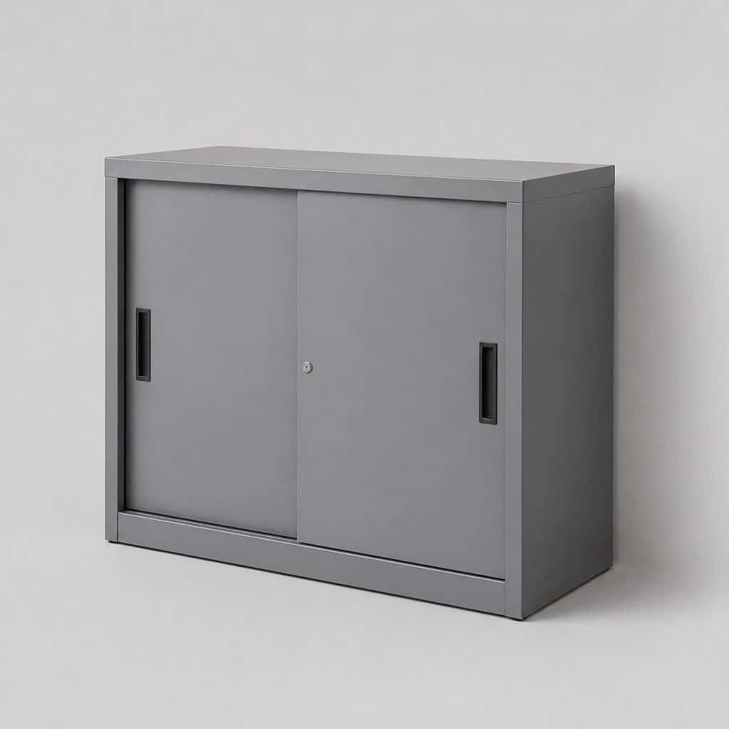 Armoire métallique grise à portes coulissantes