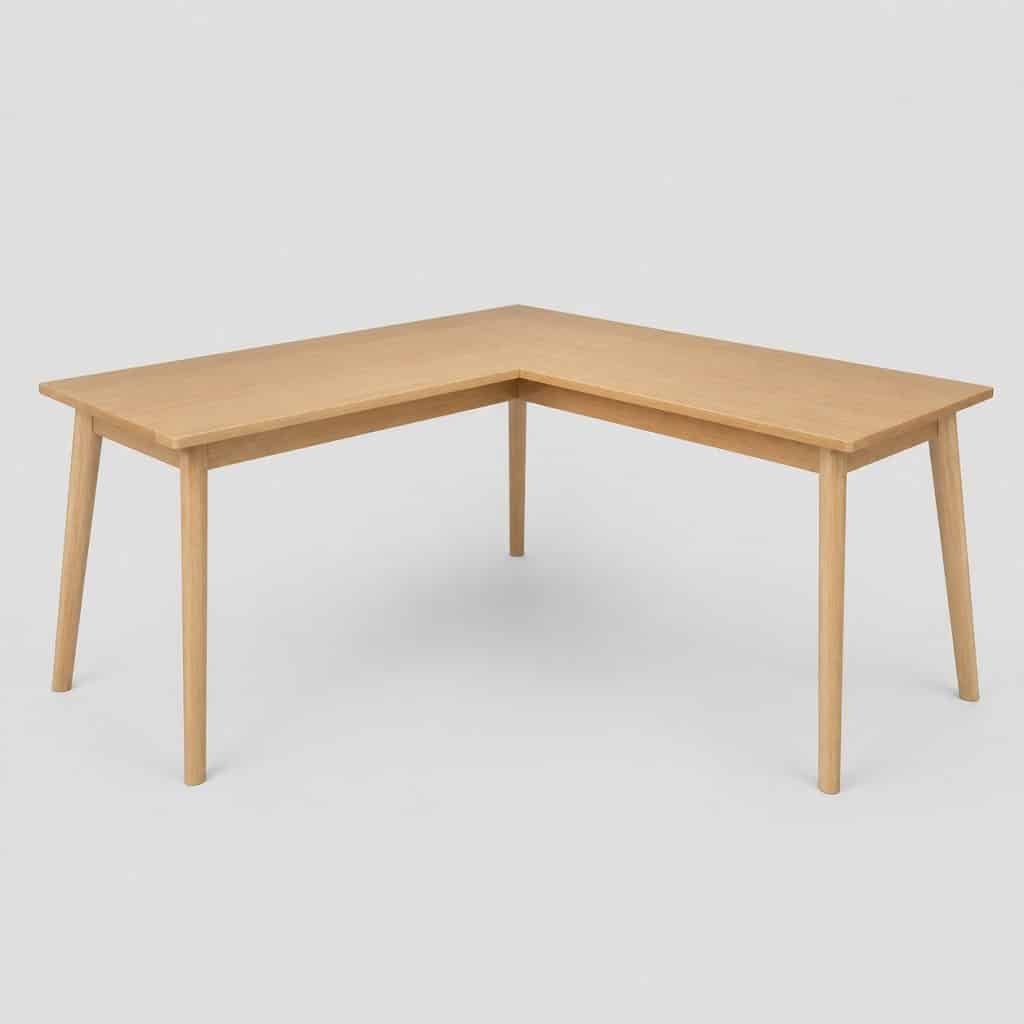 Bureau d'angle compact en bois clair, forme en L