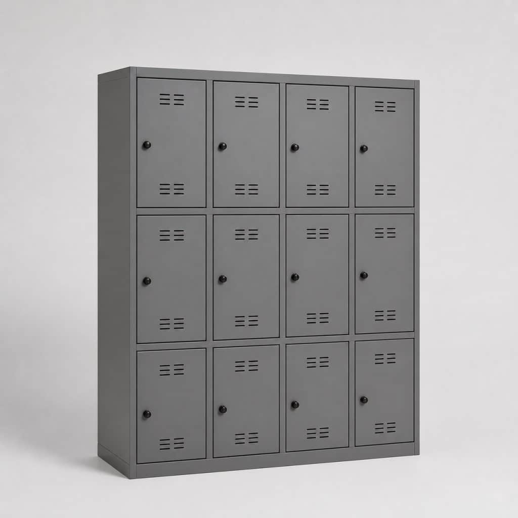 Bloc de 12 casiers métalliques, quatre colonnes de trois