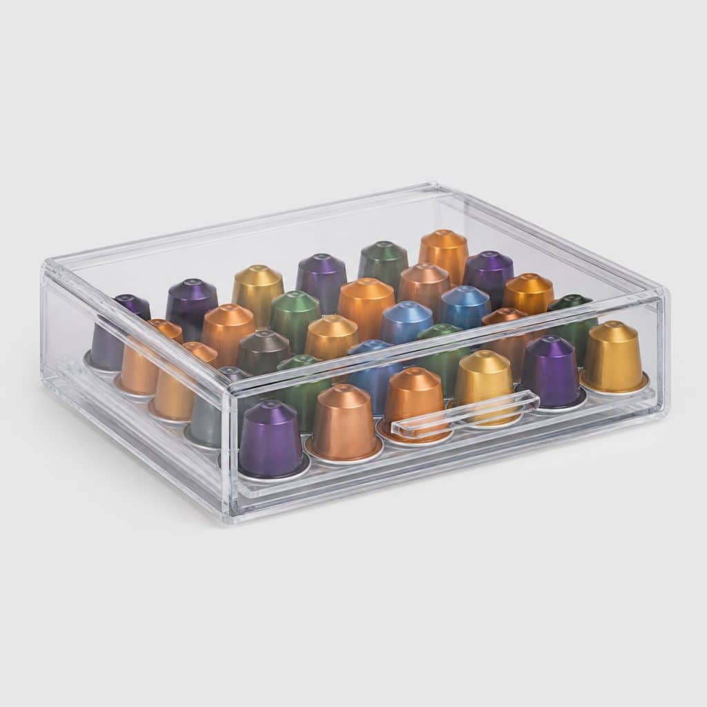 Tiroir porte-capsules transparent, capsules visibles