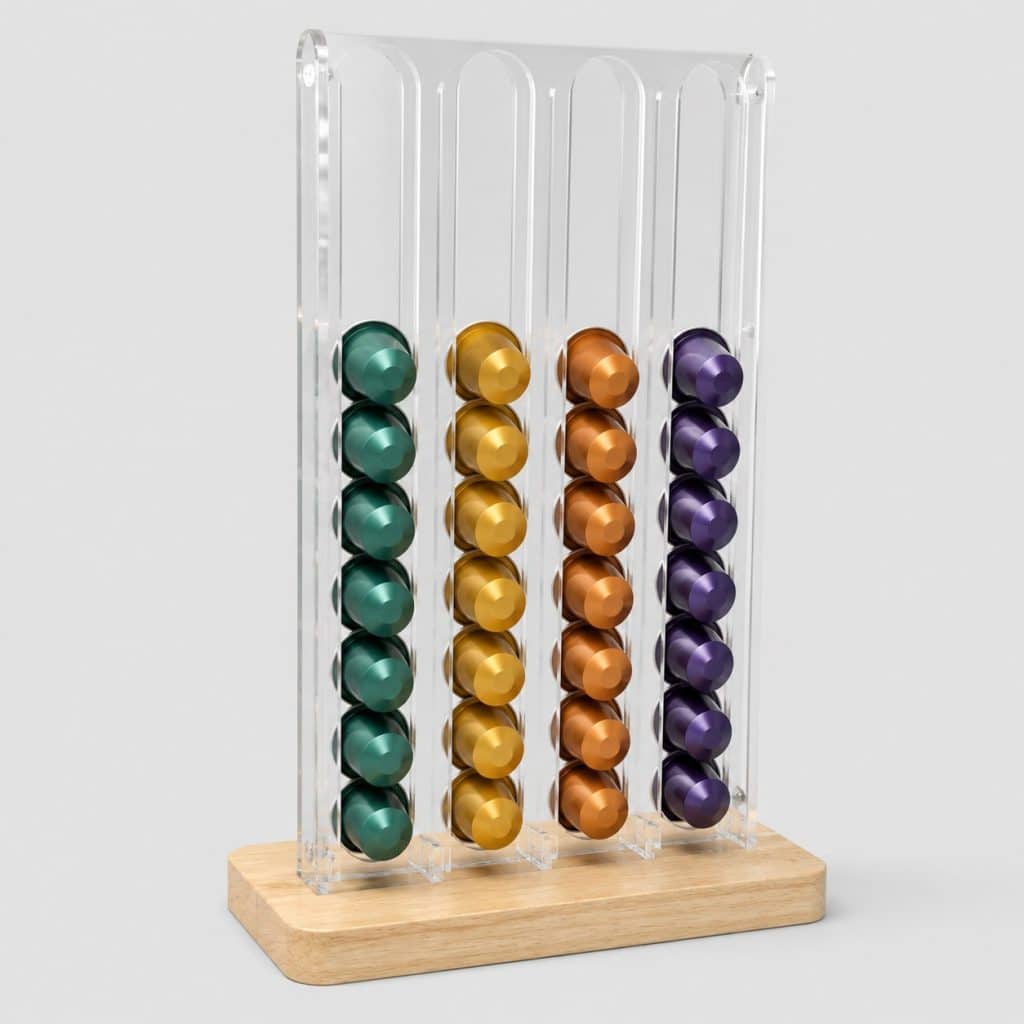 Présentoir range-capsules transparent, base bois